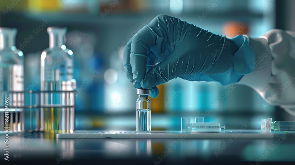 Scientist wearing blue gloves holding a test tube in a laboratory Scientist wearing blue gloves holding a test tube in a laboratory