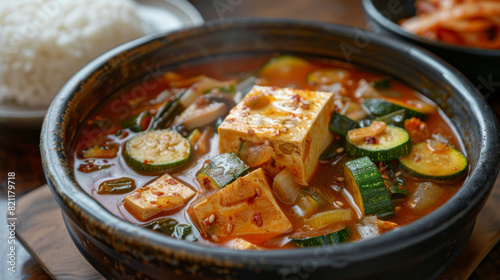 Authentic korean sundubu jjigae, a spicy tofu stew with vegetables, served in a hot pot, accompanied by steamed white rice