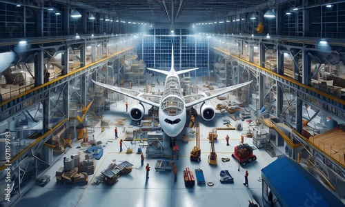 airplane under construction in an aviation factory. The partially assembled aircraft shows frameworks and wings, with engineers and technicians working around it in a bustling environment photo