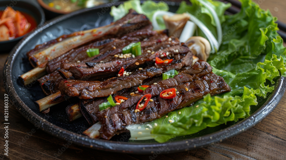 Savory korean fare showcasing grilled short ribs, zesty spices, accompanied by classic side dishes on a rustic wooden table
