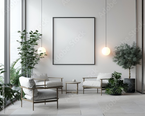 Stylish room interior mockup featuring a sleek  modern frame on a clean white wall  complemented by minimalist furniture and soft natural lighting
