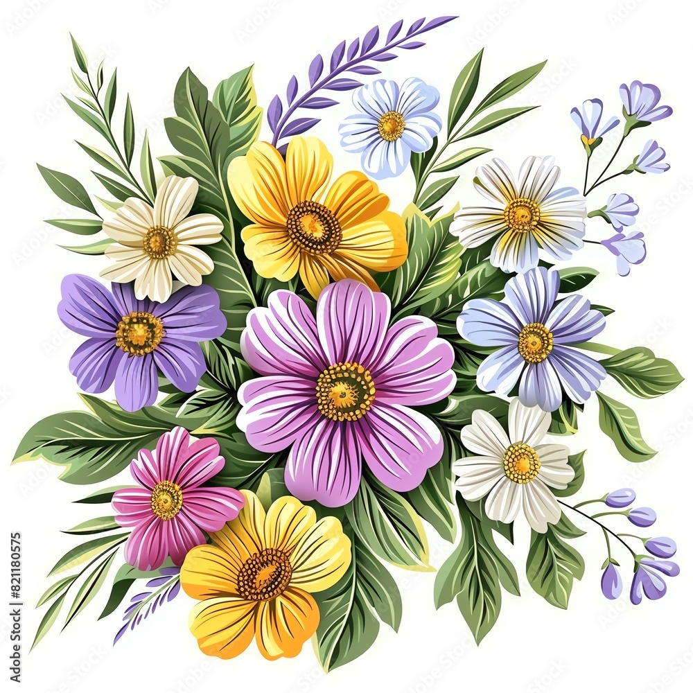 Fototapeta premium Colorful floral illustration featuring various blooming flowers and green leaves. Perfect for nature-themed designs.