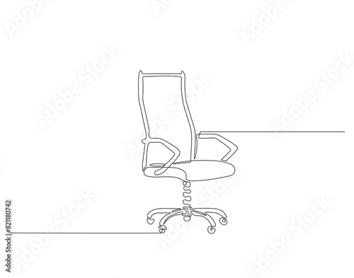 Continuous one line drawing of executive office chair. One line drawing illustration of office armchair. Office interior concept continuous line art. Editable outline.
