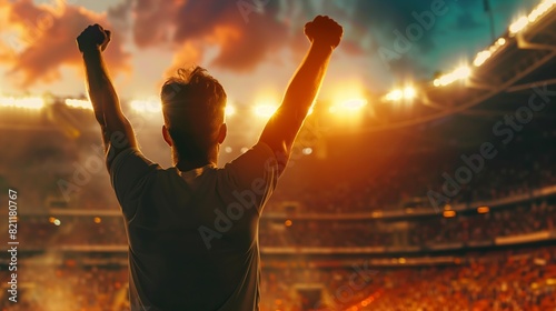 A male fan with his hands raised up on the stadium tribune in the evening  with beautiful lighting  rejoices at the victory of his favorite team. Summer competitions 2024