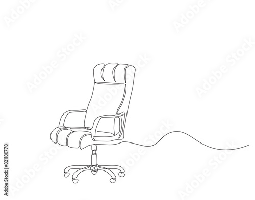 Continuous one line drawing of executive office chair. One line drawing illustration of office armchair. Office interior concept continuous line art. Editable outline.
