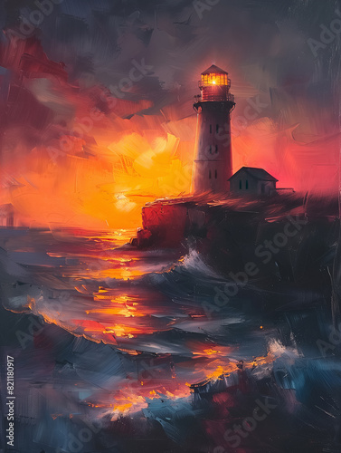 Abstract art - Painting of a lighthouse at sundown
