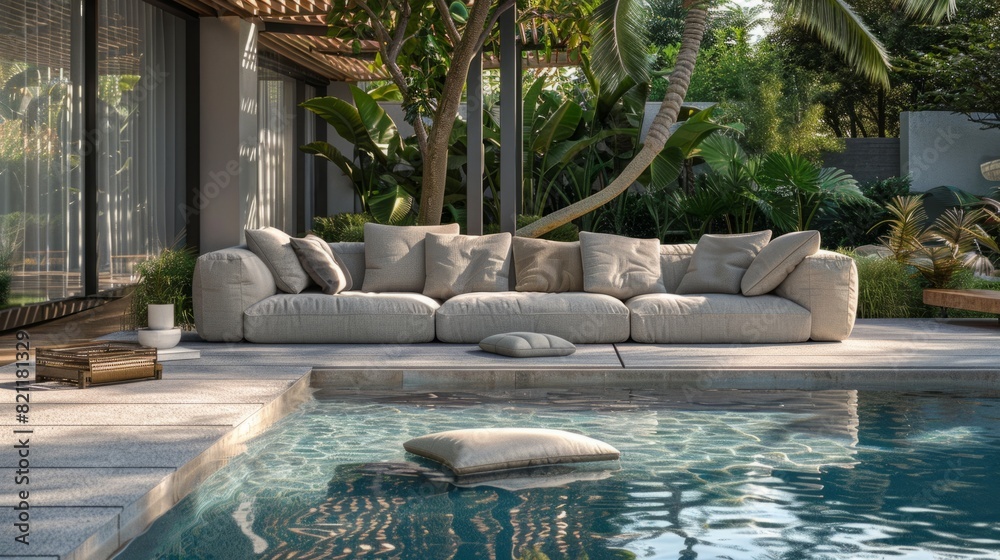 sofa, pillows, pool in a quiet and natural environment generative ai