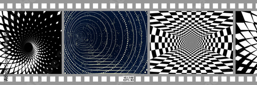 Film Strip. Black-White and Color footage. Seamless Geometric Pattern. Optical Psychedelic Illusion. Vector. 3D Illustration