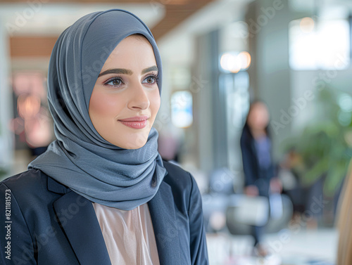 A professional dialogue between two colleagues, one in a modern hijab and the other in a dark business suit, the backdrop of a corporate office with soft focus on the elegant decor