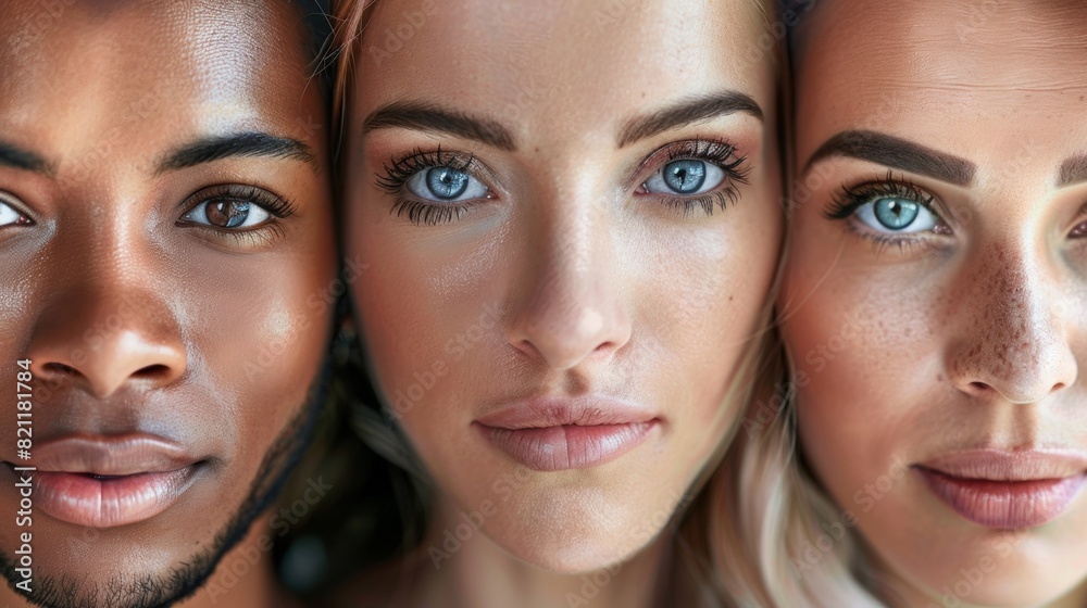 A group of three people with different colored eyes and skin, AI A group of three people with different colored eyes and skin, AI