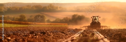 A farming tractor is plowing the field, kicking up dust in the warm light of the golden hour, portraying agriculture and hard work photo