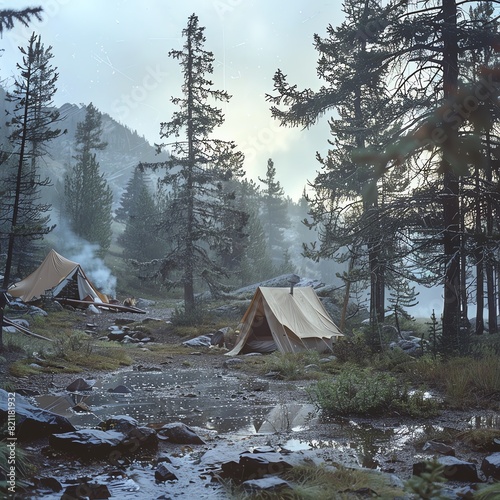 Tranquil outdoor camping scene with tents set up amidst pine trees in a misty forest with a serene mountain backdrop. photo