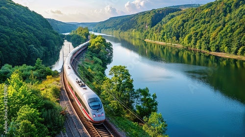 high-speed train driving through a beautiful landscape with a river and a forest - preserving nature with sustainable transportation photo