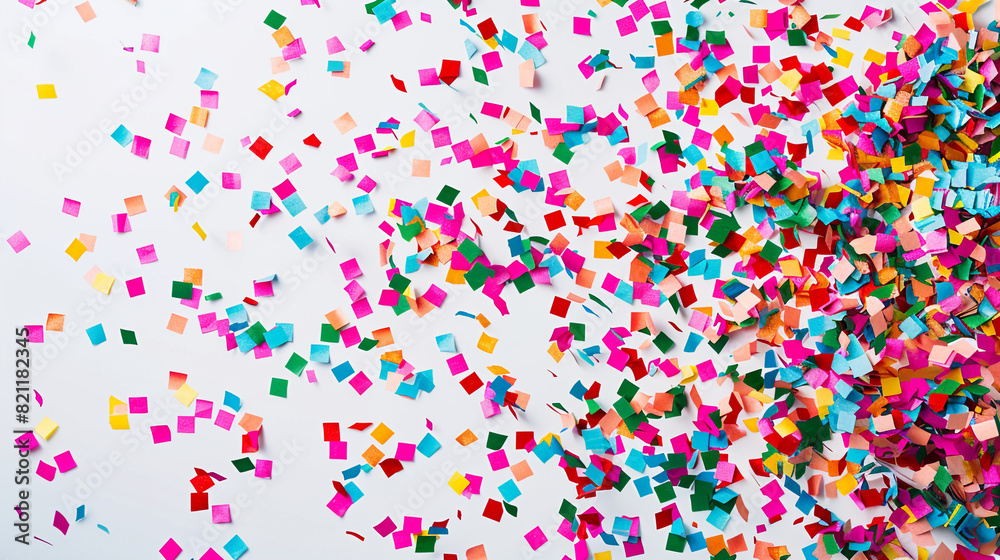 A symphony of vibrant confetti dancing gracefully against a pure white canvas, evoking a sense of joy and celebration. on solid white background,