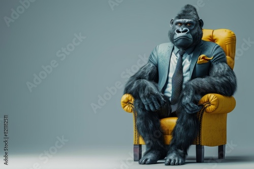 A gorilla wearing a suit is sitting in a yellow armchair. The gorilla is looking at the camera with a serious expression.