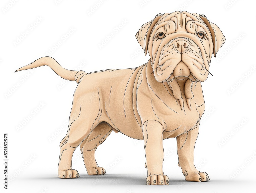 The image shows a cute puppy of Bulldog with a beige coat standing on a white background. The puppy is looking at the camera with its big, round eyes. The image shows a cute puppy of Bulldog with a beige coat standing on a white background. The puppy is looking at the camera with its big, round eyes.