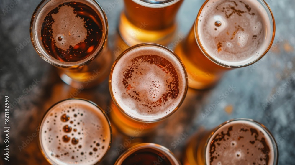 A row of six beer glasses with foam on top A row of six beer glasses with foam on top