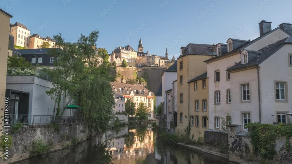 Grand Duchy of Luxembourg time lapse, city skyline at Grund along Alzette river in the historical old town of Luxembourg Grand Duchy of Luxembourg time lapse, city skyline at Grund along Alzette river in the historical old town of Luxembourg