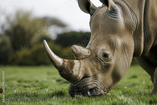 Closeup of a Northern White Rhinoceros Grazing. Created with Generative AI. photo