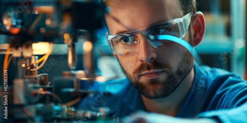 A focused scientist in a blue shirt working with intricate laboratory equipment in a modern research facility
