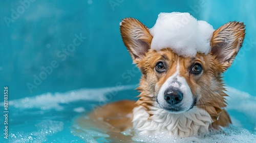 Playful wet Corgi dog in a bath with soap foam on its head, set against a vibrant blue background with copy space, perfect for an upbeat and happy scene © Fay Melronna 