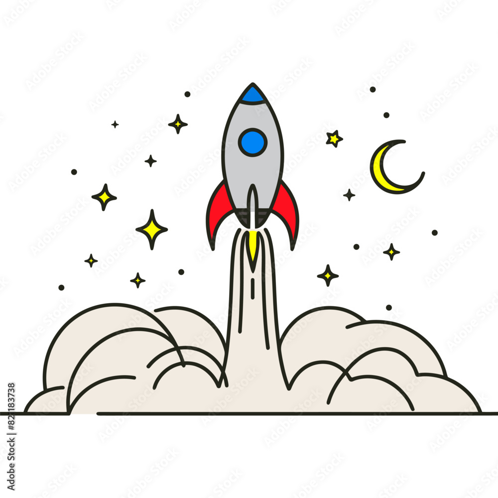 Obraz premium One continuous line drawing vector. Spacecraft flying up. concept rocket space ship launch.