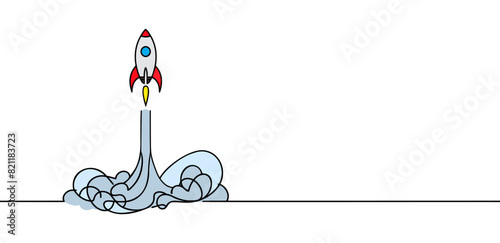 One continuous line drawing vector. Spacecraft flying up. concept rocket space ship launch.