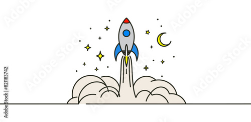 One continuous line drawing vector. Spacecraft flying up. concept rocket space ship launch.