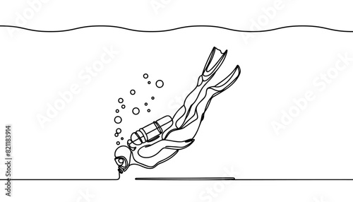 Continuous one line drawing of scuba diver illustration. Scuba diver under the sea single outline vector design.