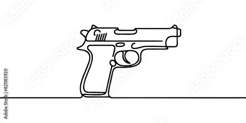 Continuous line art drawing of gun. One line drawing the gun