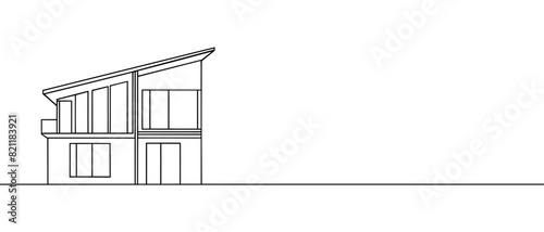 Modern house or commercial building in continuous line art drawing style. Modern architecture sketch isolated on white background. Vector illustration