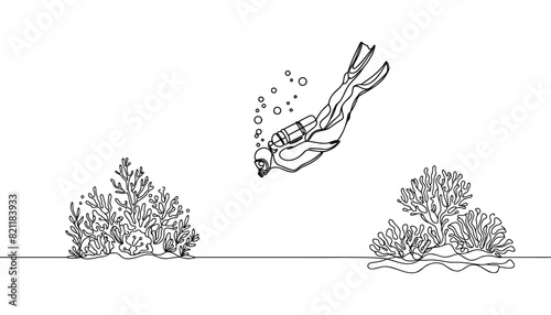 Continuous one line drawing of scuba diver illustration. Scuba diver under the sea single outline vector design.