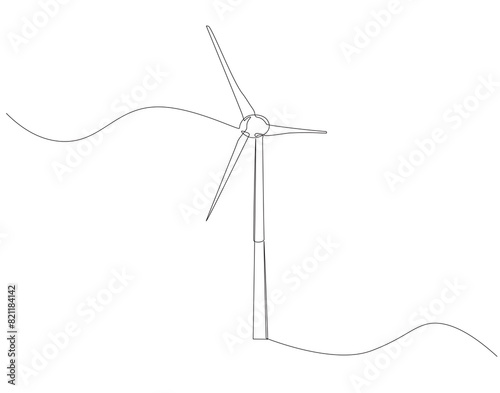 Continuous one line drawing of wind turbine. One line drawing illustration of windmill energy. Generator machine concept continuous line art. Editable outline.
