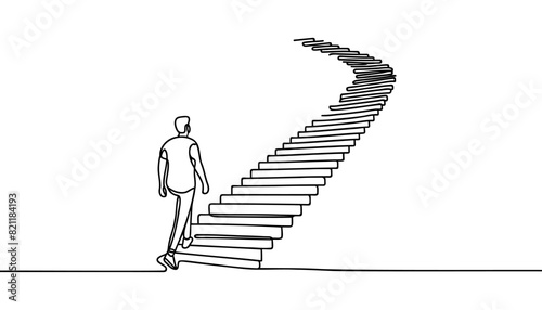 Continuous one line drawing. Reach the target. Businessman climbing stairs to the target. Concept business