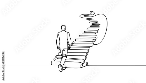 Continuous one line drawing. Reach the target. Businessman climbing stairs to the target. Concept business
