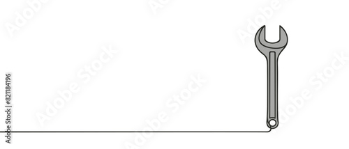 Mechanical wrench for nuts drawn in one continuous line isolated on white background.
