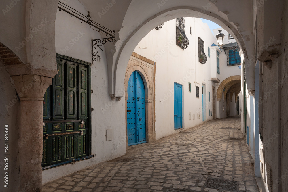 Traditional blue coloured doors in the cobbled narrow streets of the Kasbah or Medina of Tunis, a UNESCO World Heritage protected site in the capital of Tunisia, North Africa. Traditional blue coloured doors in the cobbled narrow streets of the Kasbah or Medina of Tunis, a UNESCO World Heritage protected site in the capital of Tunisia, North Africa.