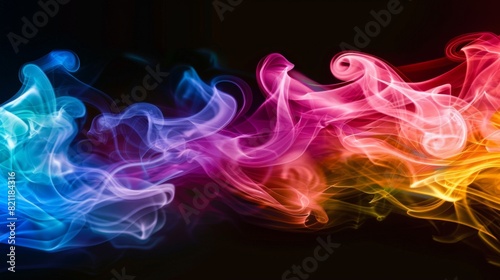 Dynamic motion of colorful cigarette smoke waves against a black backdrop.