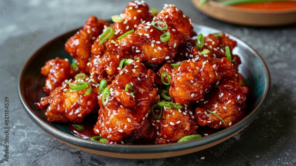 Korean fried chicken with a sweet and spicy glaze, topped with sesame seeds and green onions, set against a dark backdrop Korean fried chicken with a sweet and spicy glaze, topped with sesame seeds and green onions, set against a dark backdrop