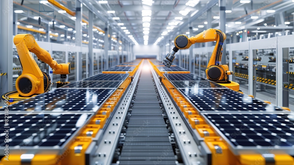 Large Production Line with Industrial Robot Arms at Modern Bright Factory. Solar Panels are being Assembled on Conveyor. Automated Manufacturing Facility Large Production Line with Industrial Robot Arms at Modern Bright Factory. Solar Panels are being Assembled on Conveyor. Automated Manufacturing Facility