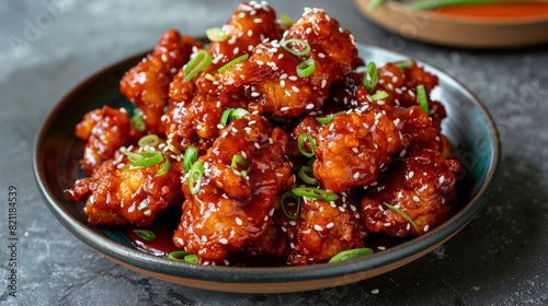 Korean fried chicken with a sweet and spicy glaze, topped with sesame seeds and green onions, set against a dark backdrop