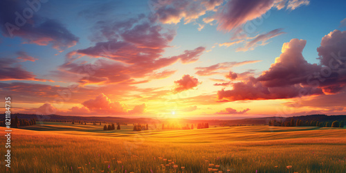 Beautiful colorful natural panoramic landscape at sunset. Field with wild grass in evening in rays of setting sun.