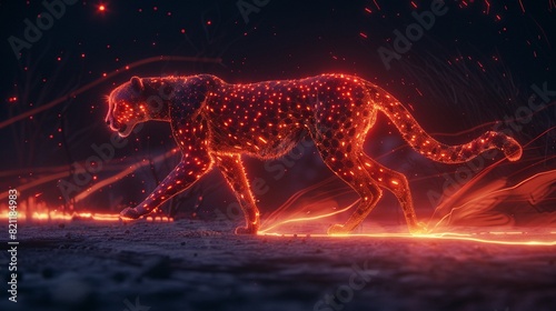 A scarlet glow cheetah silhouette in a nightscape bold outline