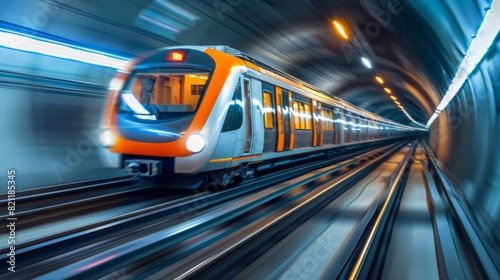 Fototapeta Naklejka Na Ścianę i Meble -  Electric train speeding through a tunnel with motion blur effect.