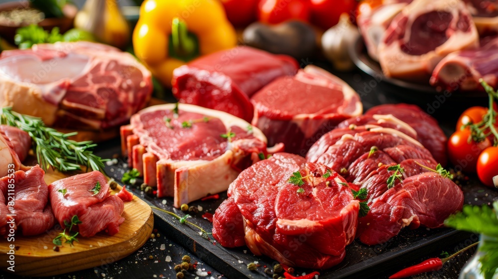 A bunch of meat is sitting on a table with tomatoes and peppers, AI A bunch of meat is sitting on a table with tomatoes and peppers, AI