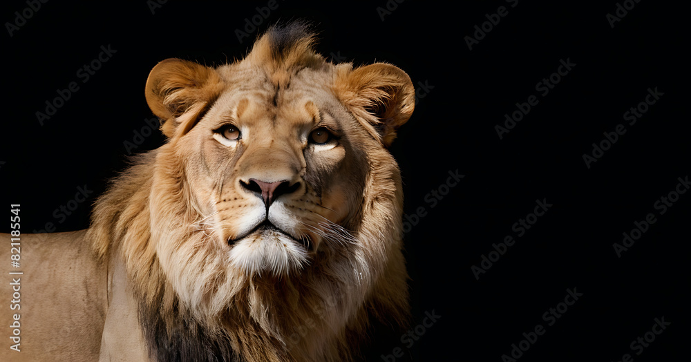 Fototapeta premium A majestic lion with a thick mane gazes intently into the distance against a black background