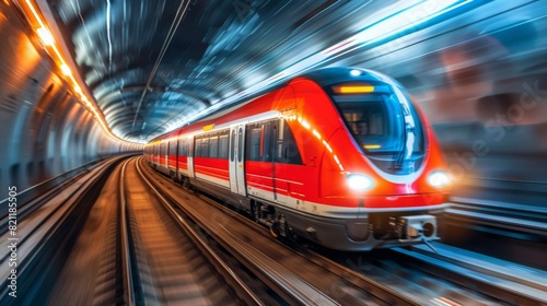 Fototapeta Naklejka Na Ścianę i Meble -  Electric train speeding through a tunnel with motion blur effect.