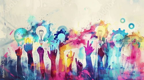 Colorful abstract artwork with hands and bulbs - An abstract composition with multiple hands reaching up to bright light bulbs amid a splatter of colorful paints and patterns