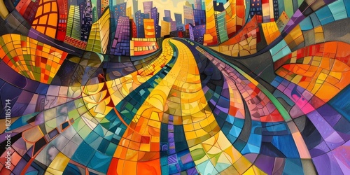  Abstract art, ombre mosaic, abstract city, AI generated