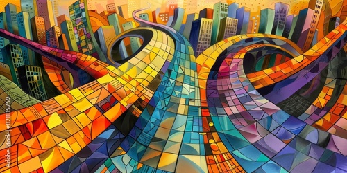  Abstract art, ombre mosaic, abstract city, AI generated